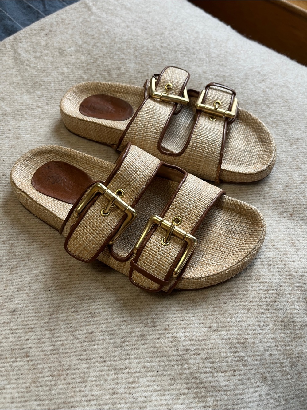 J. Crew Natural Straw Double-Buckle Slide Sandals with Brown Trim
